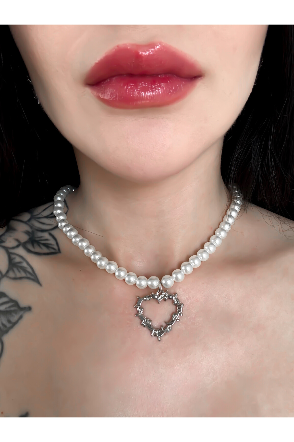 Harajuku Lolita Suni İncili Kalpli Kolye - DarkellaStore