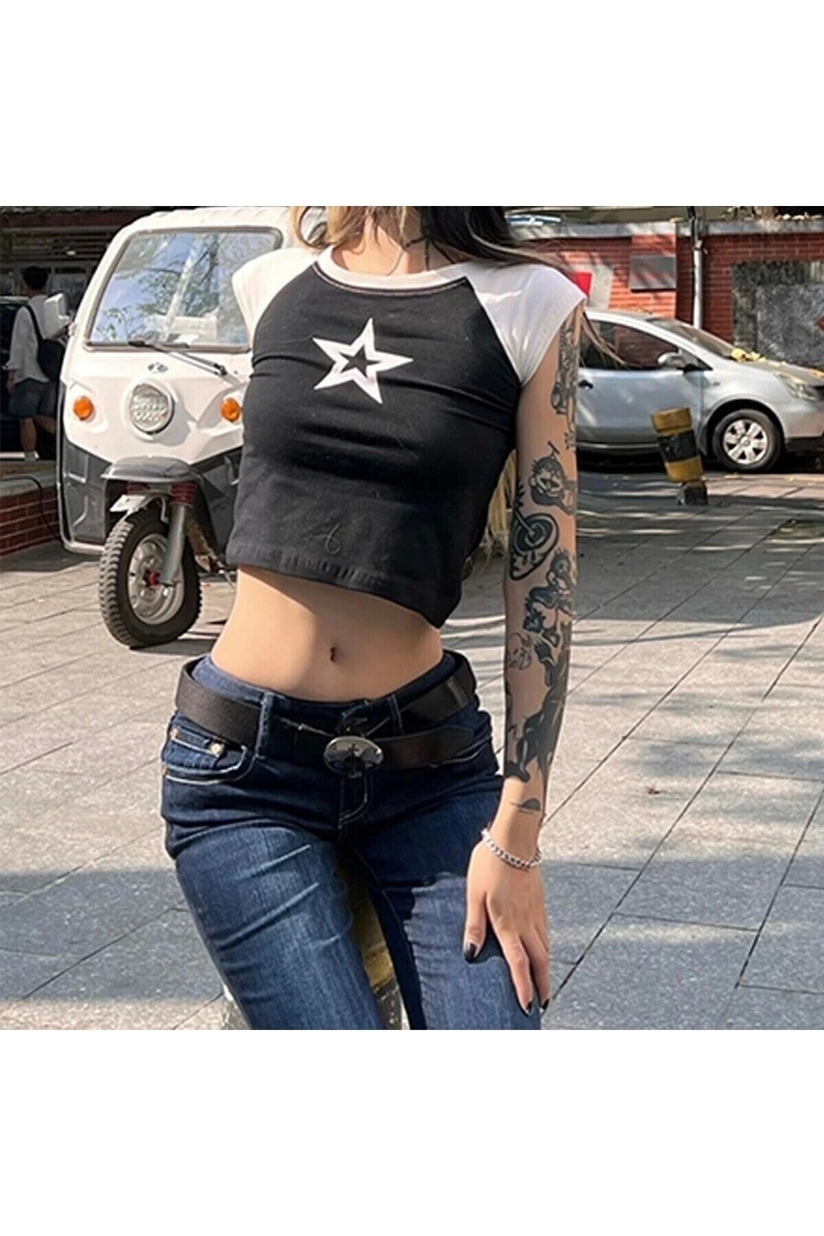 Harajuku Old School Raglan Yıldız Baskılı Kısa Kollu Crop T-Shirt - 5