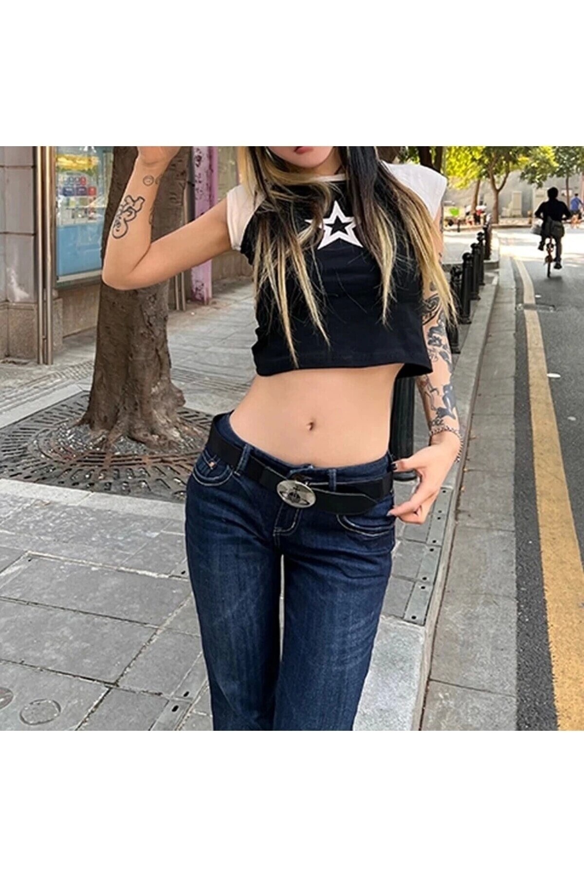 Harajuku Old School Raglan Yıldız Baskılı Kısa Kollu Crop T-Shirt - DarkellaStore