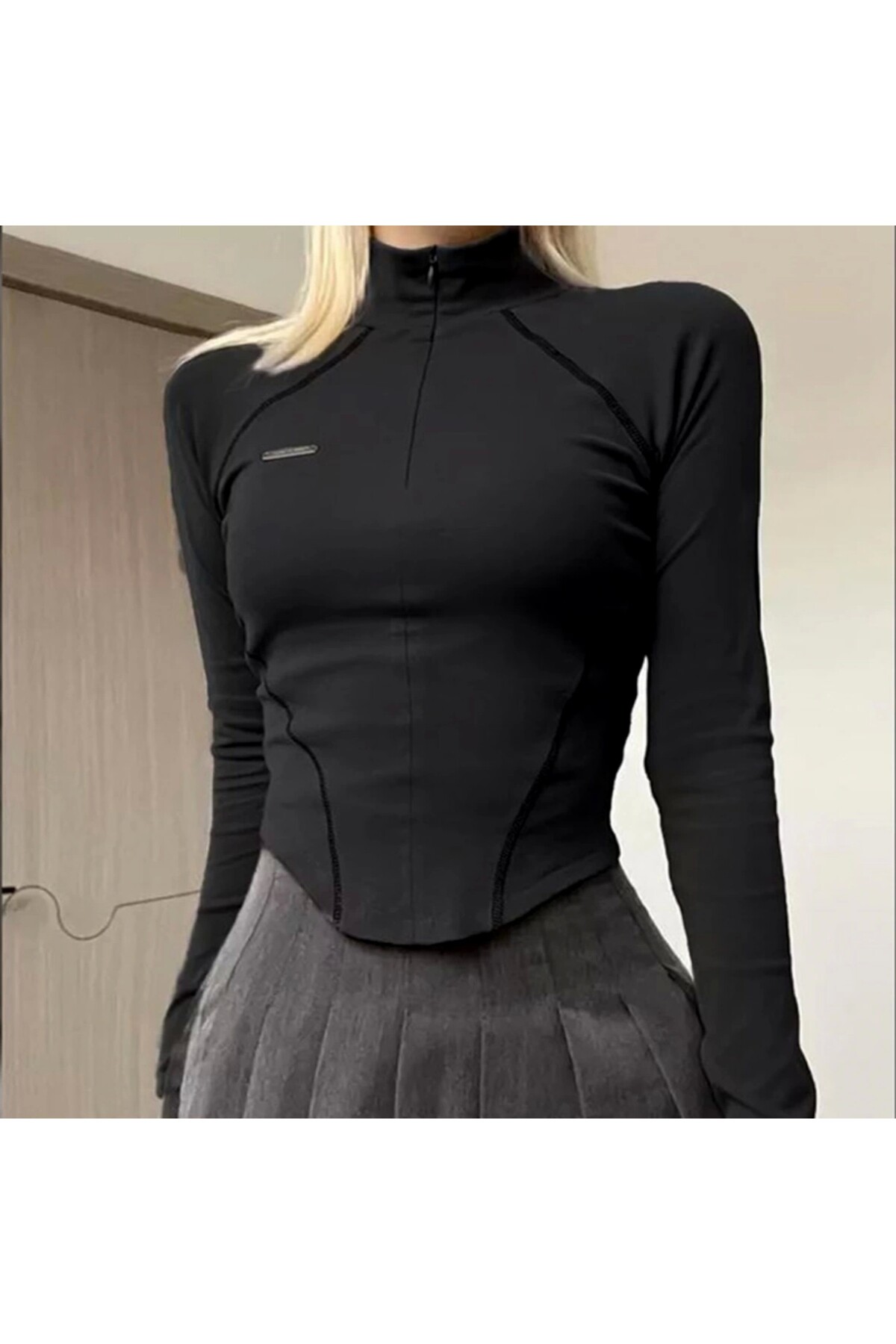 Harajuku Sport Fermuarlı Dik Yaka Bordo Uzun Kollu Bluz - 2