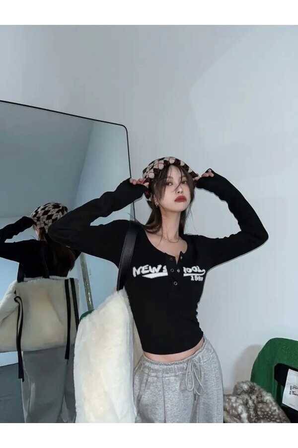 Harajuku Streetwear New School Uzun Kollu Crop Bluz Tshirt - 10