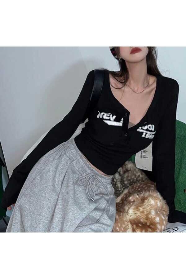 Harajuku Streetwear New School Uzun Kollu Crop Bluz Tshirt - 5