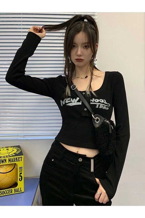 Harajuku Streetwear New School Uzun Kollu Crop Bluz Tshirt - 7