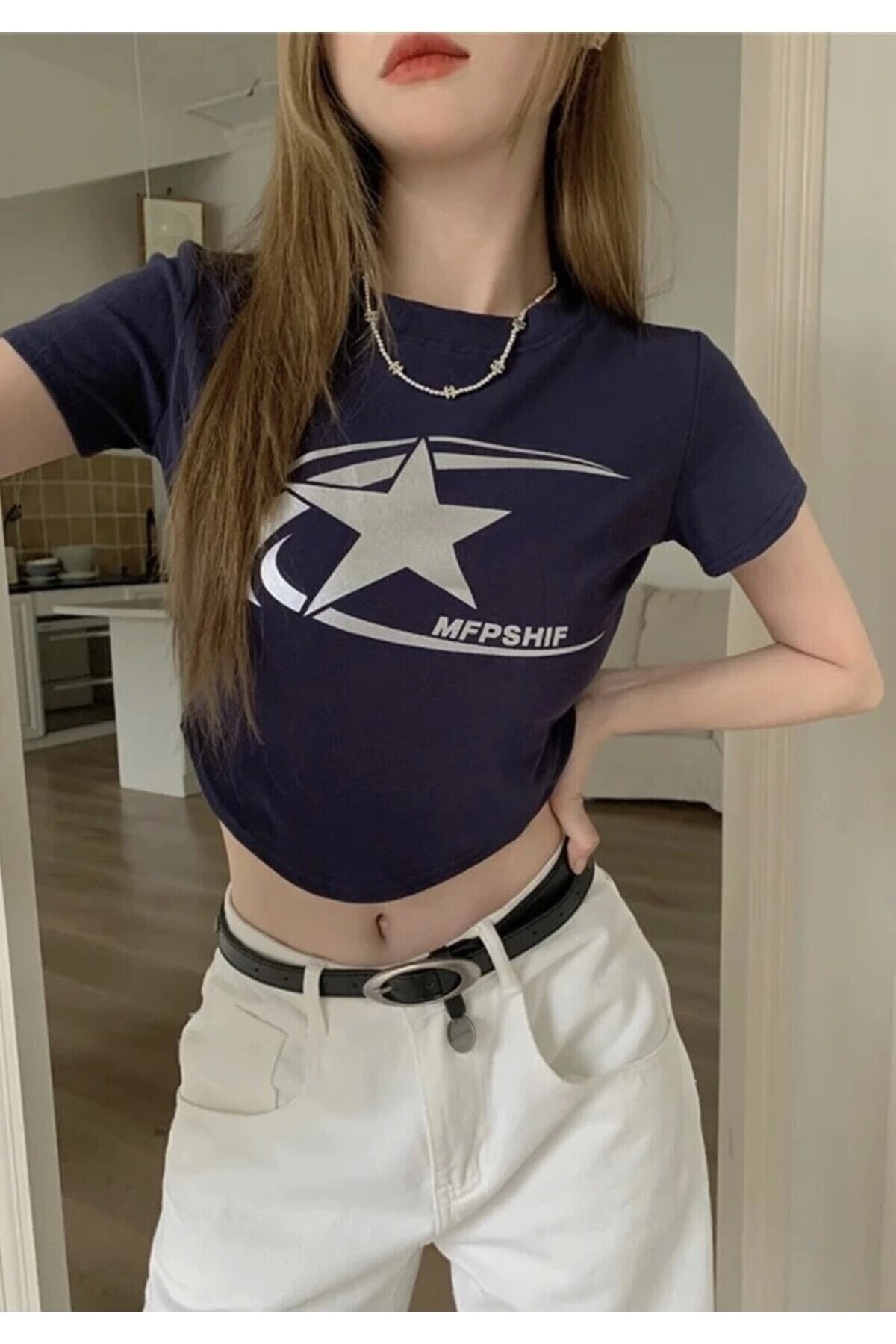 Harajuku Vintage Cosmos Star Kısa Kollu Crop T-Shirt - 4