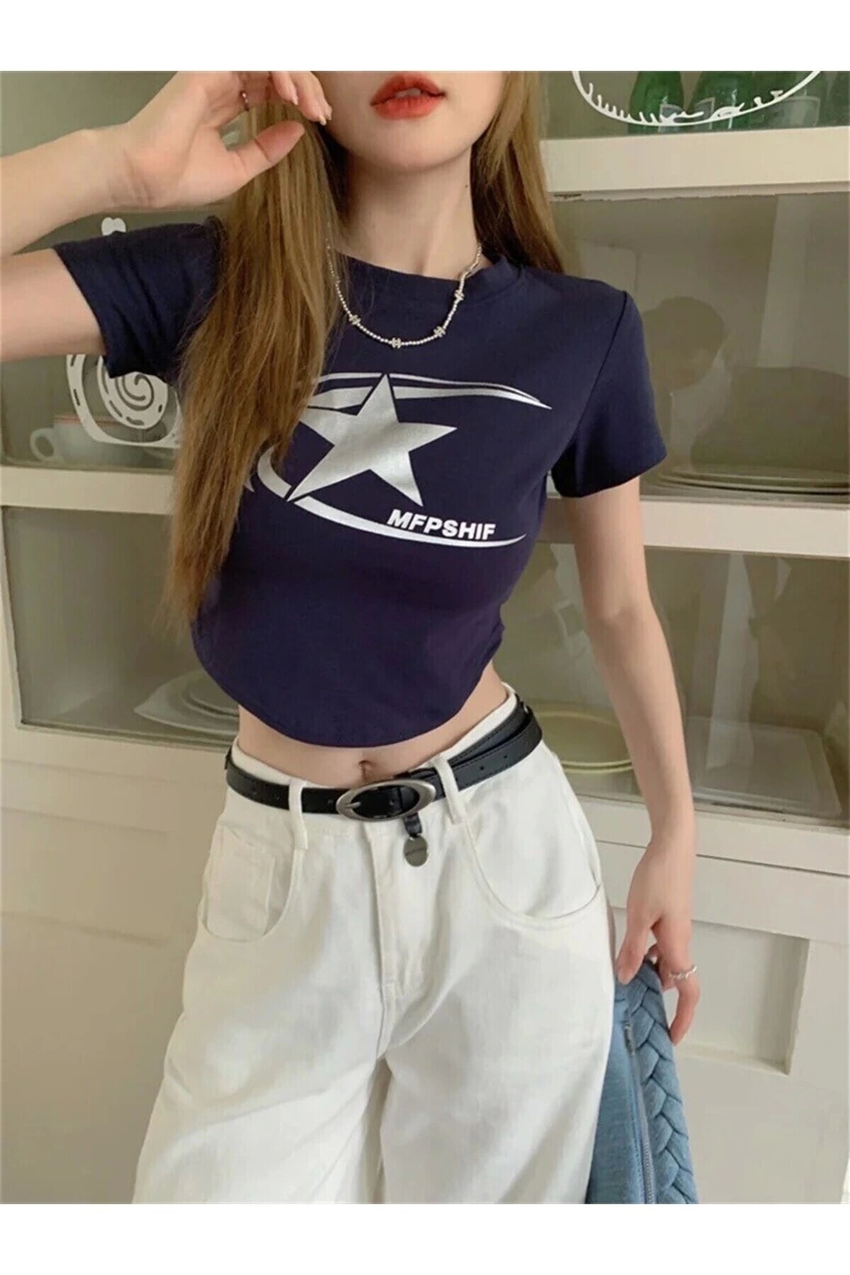 Harajuku Vintage Cosmos Star Kısa Kollu Crop T-Shirt - 6