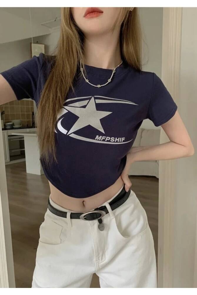 Harajuku Vintage Cosmos Star Kısa Kollu Crop T-Shirt - 3