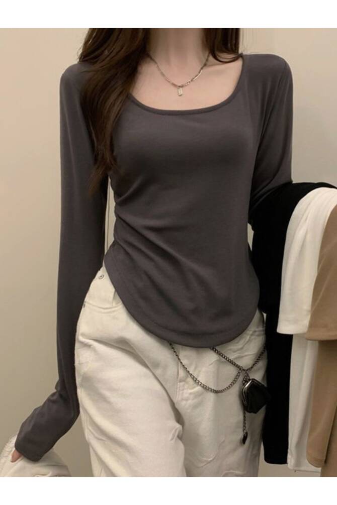 Harajuku Y2K Basic Uzun Kollu Füme Bluz - 5