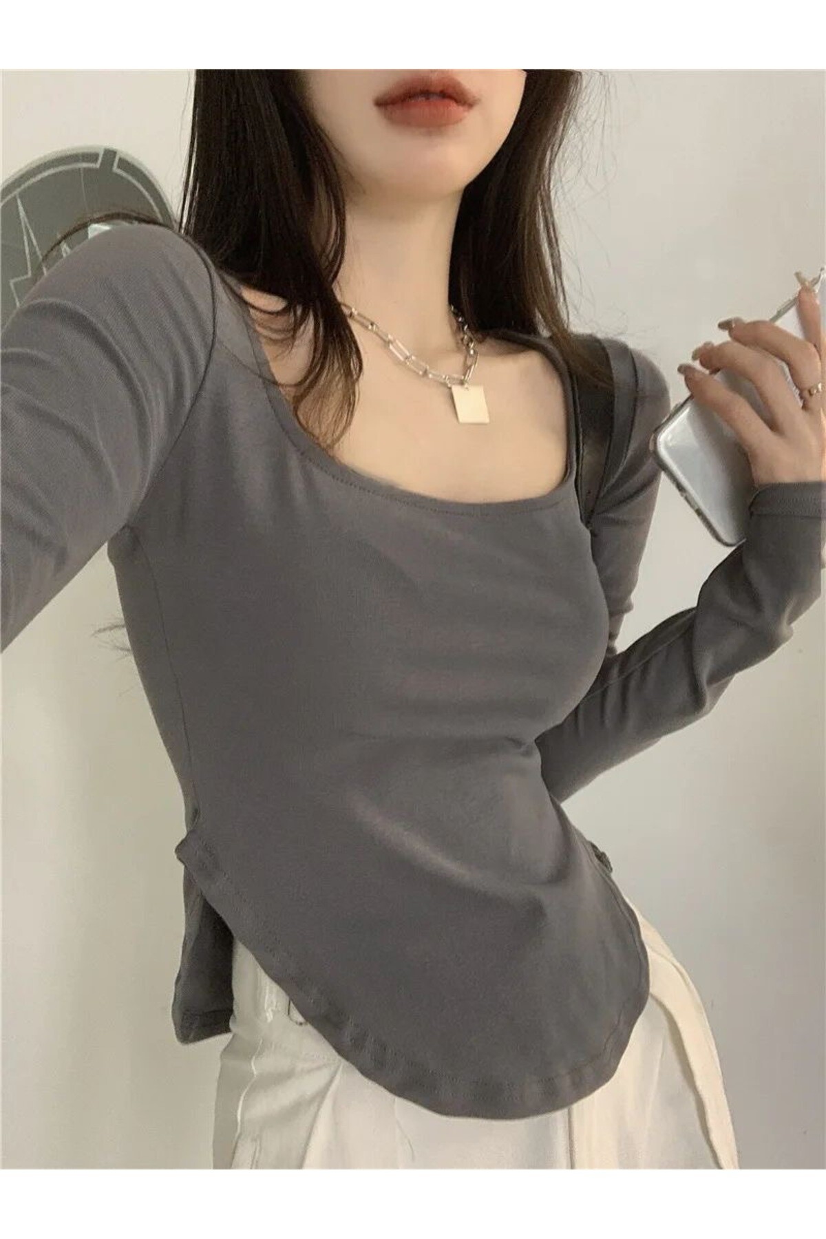 Harajuku Y2K Basic Uzun Kollu Füme Bluz - 6