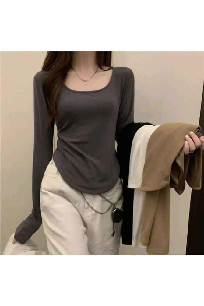 Harajuku Y2K Basic Uzun Kollu Füme Bluz - 7