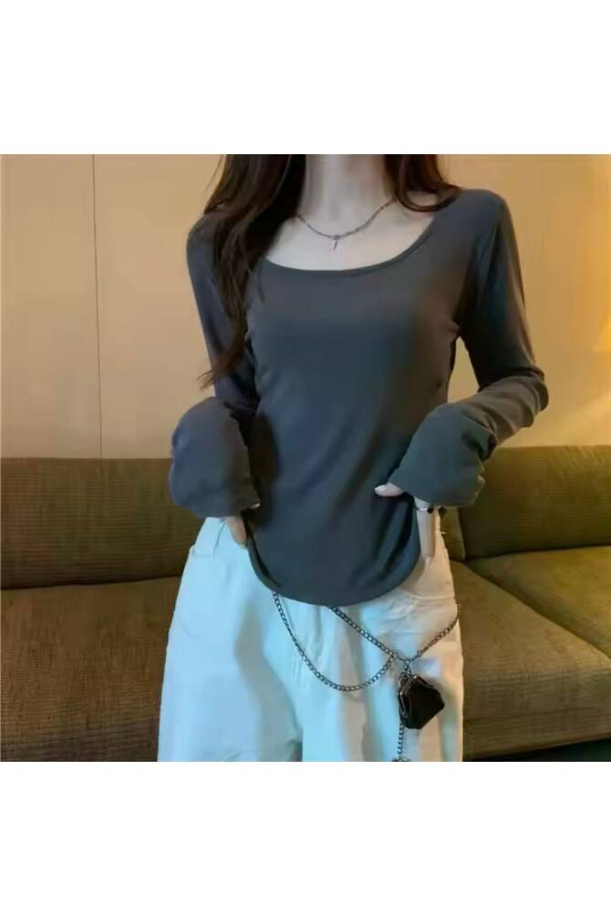 Harajuku Y2K Basic Uzun Kollu Füme Bluz - 1