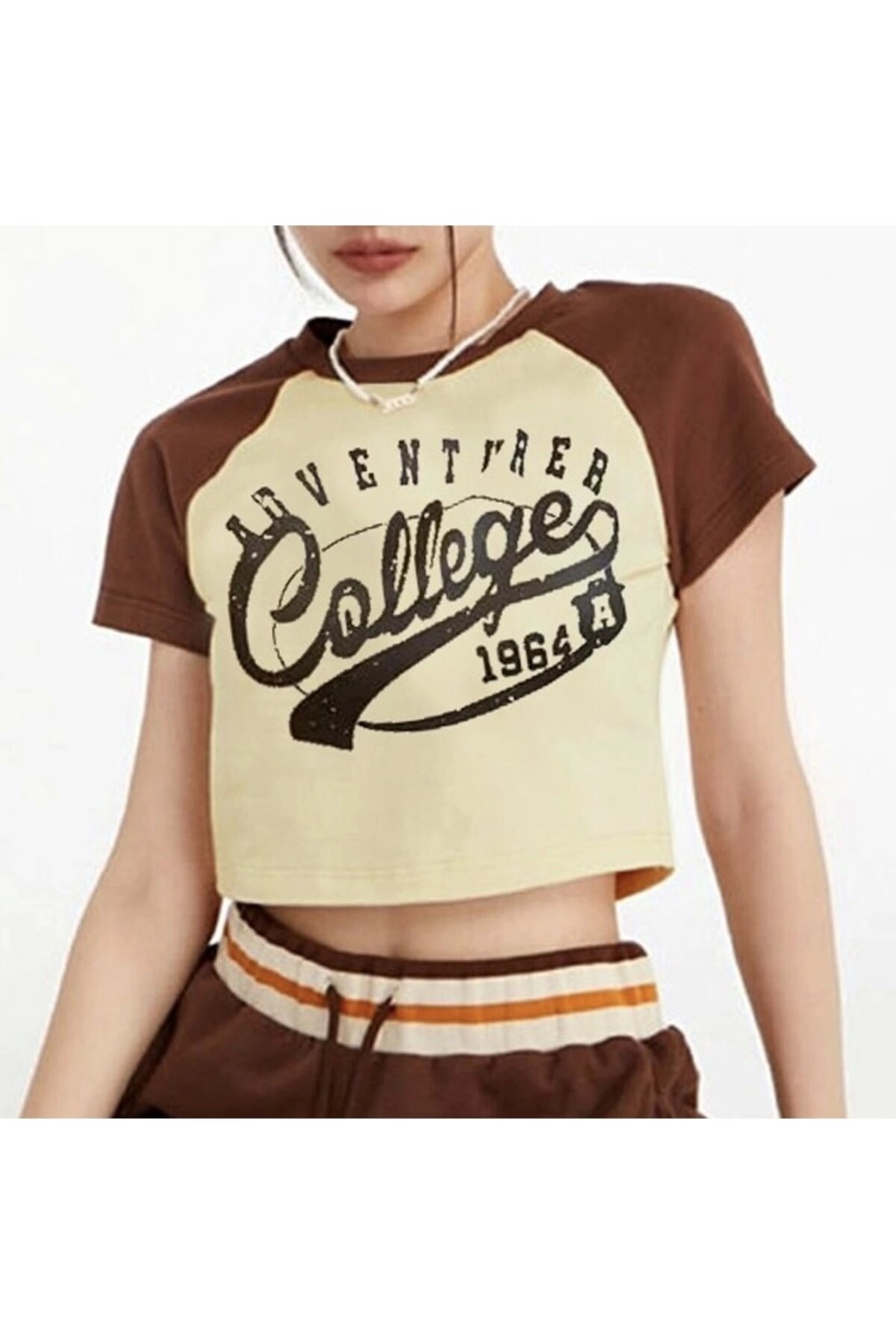 Harajuku Y2k College Kahverengi Raglan Kısa Kollu Crop T-shirt - 2