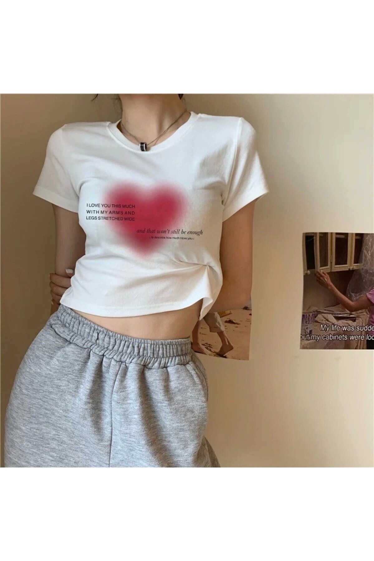Harajuku Y2K Heart Kalp Baskılı Kısa Kollu T-Shirt - 2