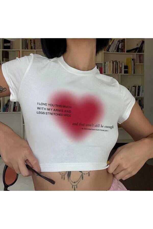 Harajuku Y2K Heart Kalp Baskılı Kısa Kollu T-Shirt - 7