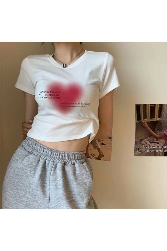 Harajuku Y2K Heart Kalp Baskılı Kısa Kollu T-Shirt - 11