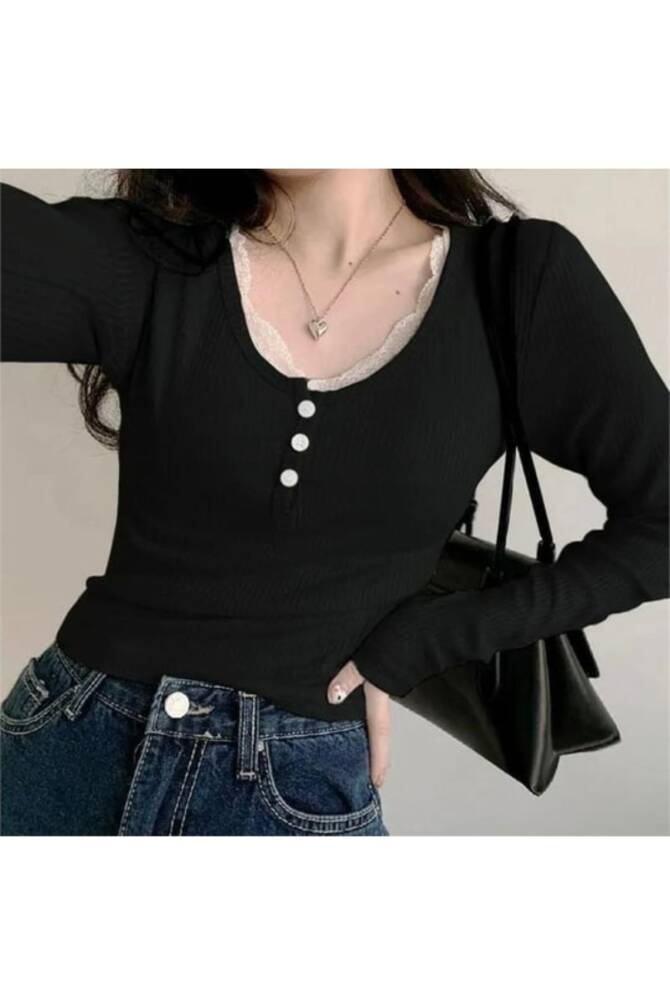 Harajuku Y2k Lolita Dantel Yaka Düğmeli Regular Bluz - 1