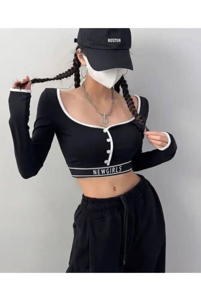 Harajuku Y2K NewGirls Beli Lastikli Uzun Kollu Crop Bluz - 9