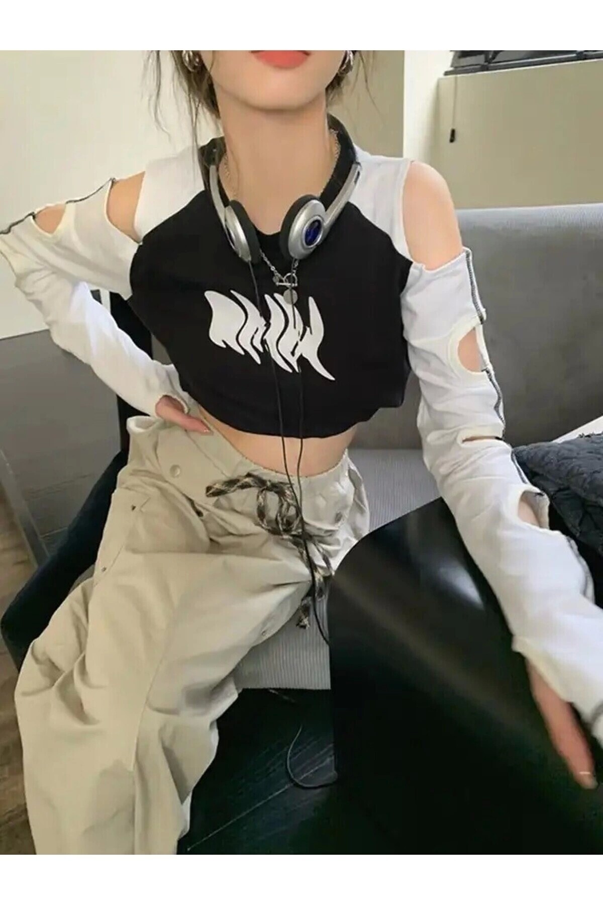 Harajuku Y2K Raglan Delikli Uzun Kollu Crop Bluz - 9