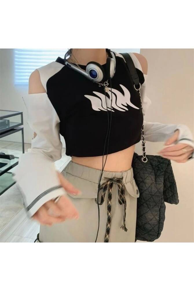 Harajuku Y2K Raglan Delikli Uzun Kollu Crop Bluz - 10
