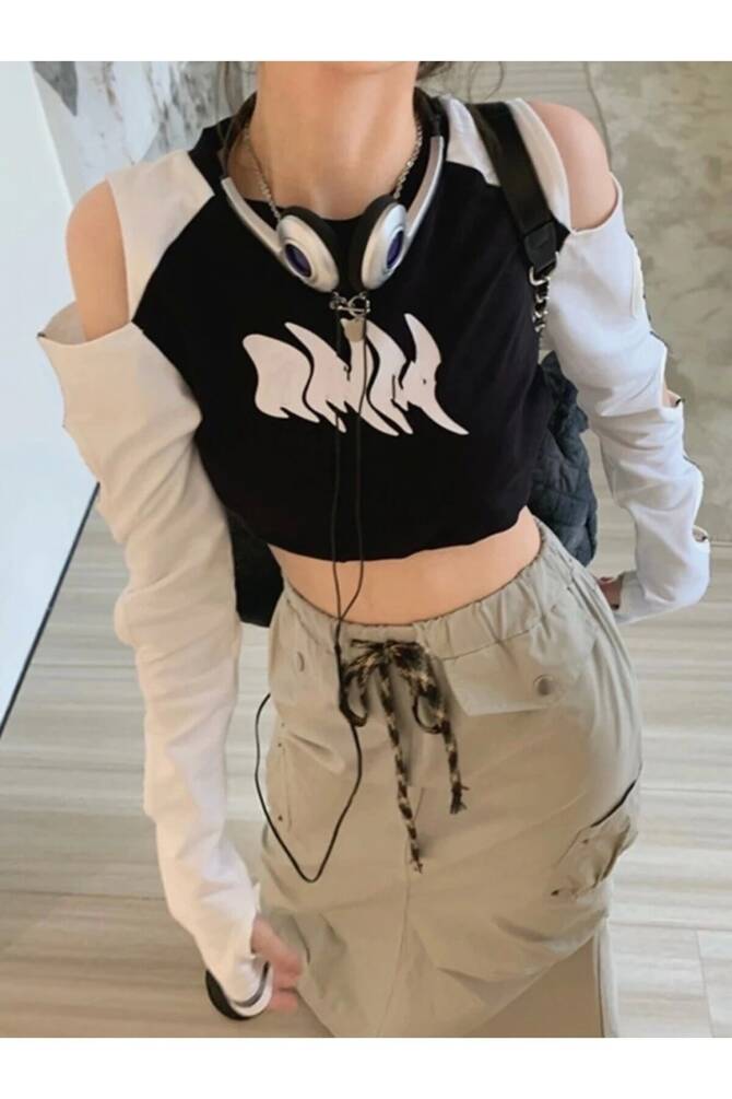 Harajuku Y2K Raglan Delikli Uzun Kollu Crop Bluz - 16