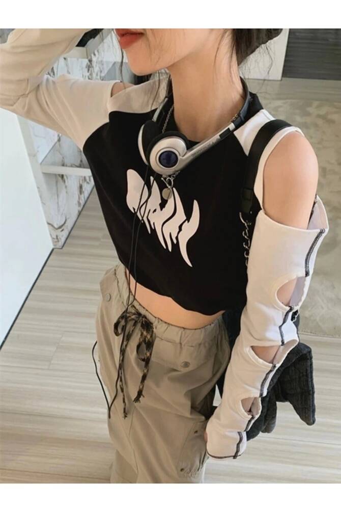 Harajuku Y2K Raglan Delikli Uzun Kollu Crop Bluz - 13