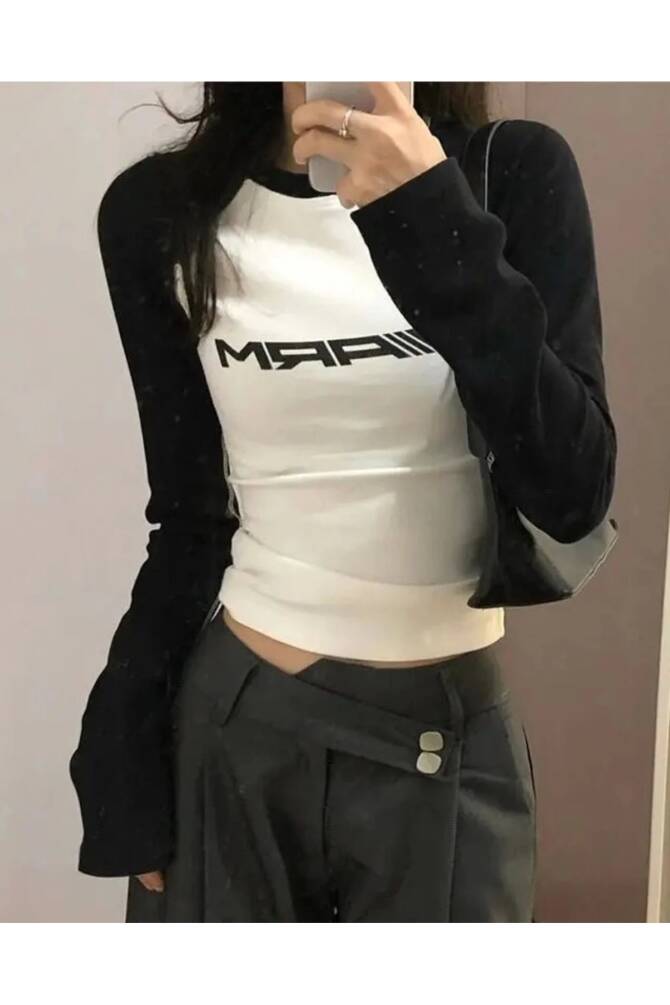 Harajuku Y2K Siyah Reglan Kol Racing Arm Beyaz T-Shirt - 1