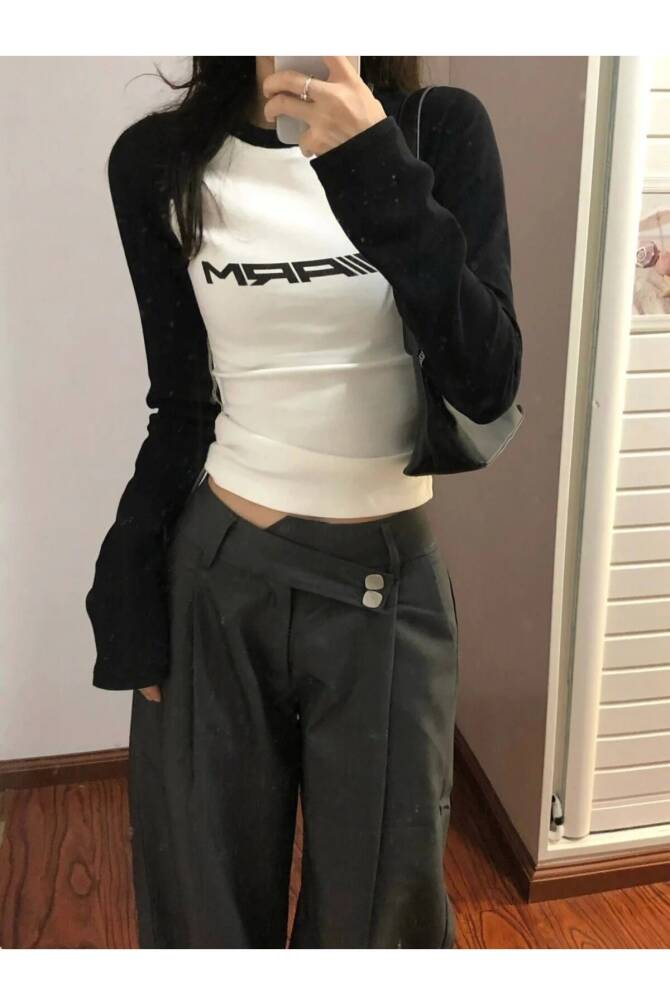 Harajuku Y2K Siyah Reglan Kol Racing Arm Beyaz T-Shirt - 2