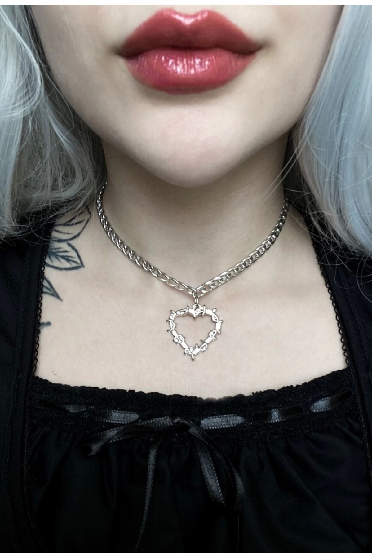 Lolita Dikenli Kalpli Zincir Choker Kolye - 2