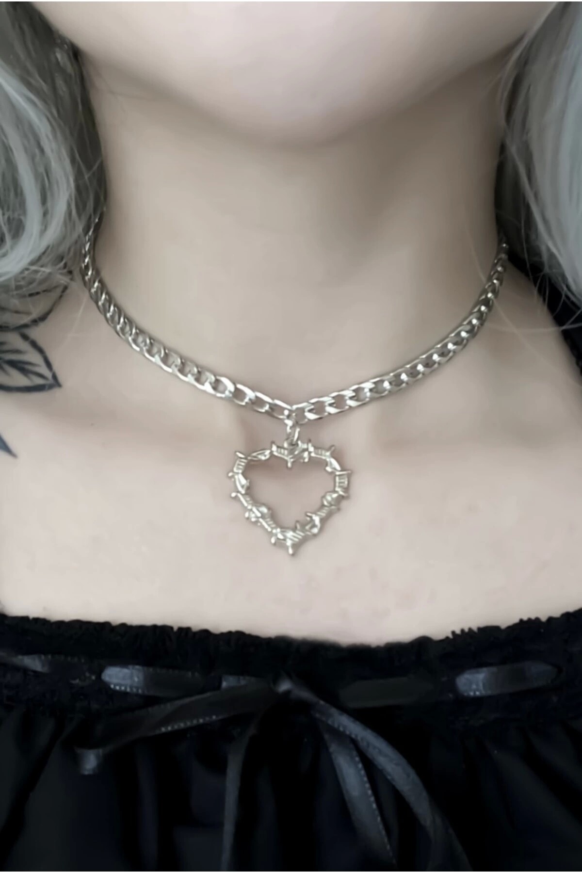 Lolita Dikenli Kalpli Zincir Choker Kolye - 3