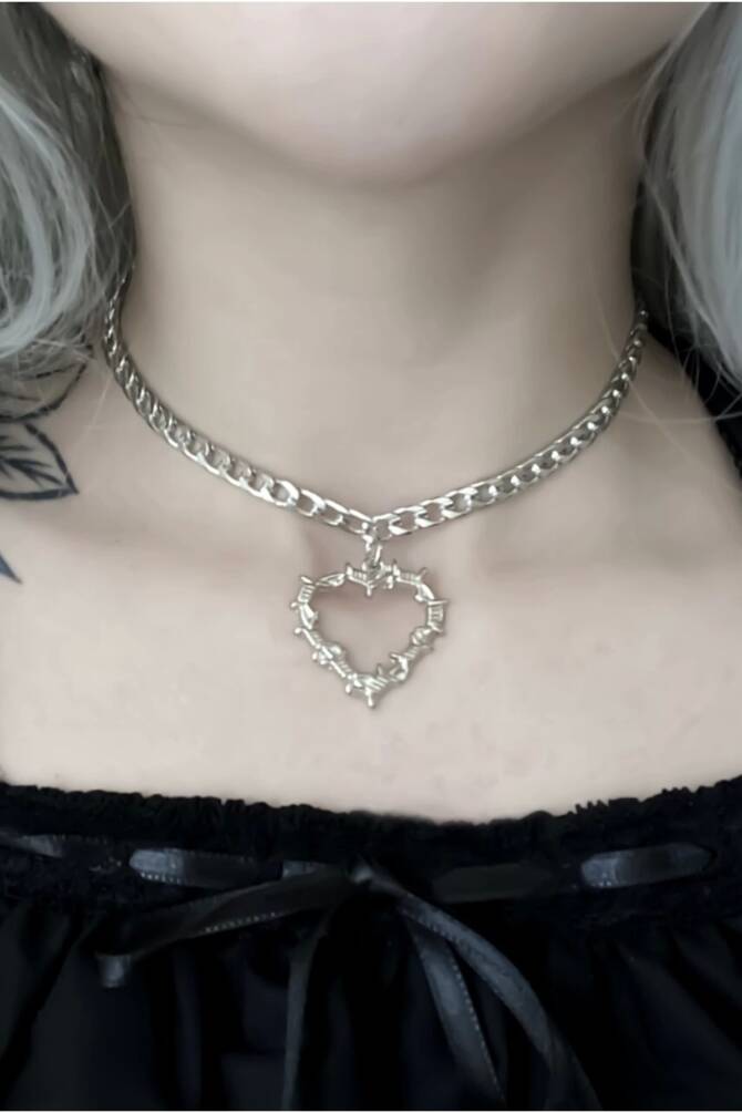 Lolita Dikenli Kalpli Zincir Choker Kolye - 3
