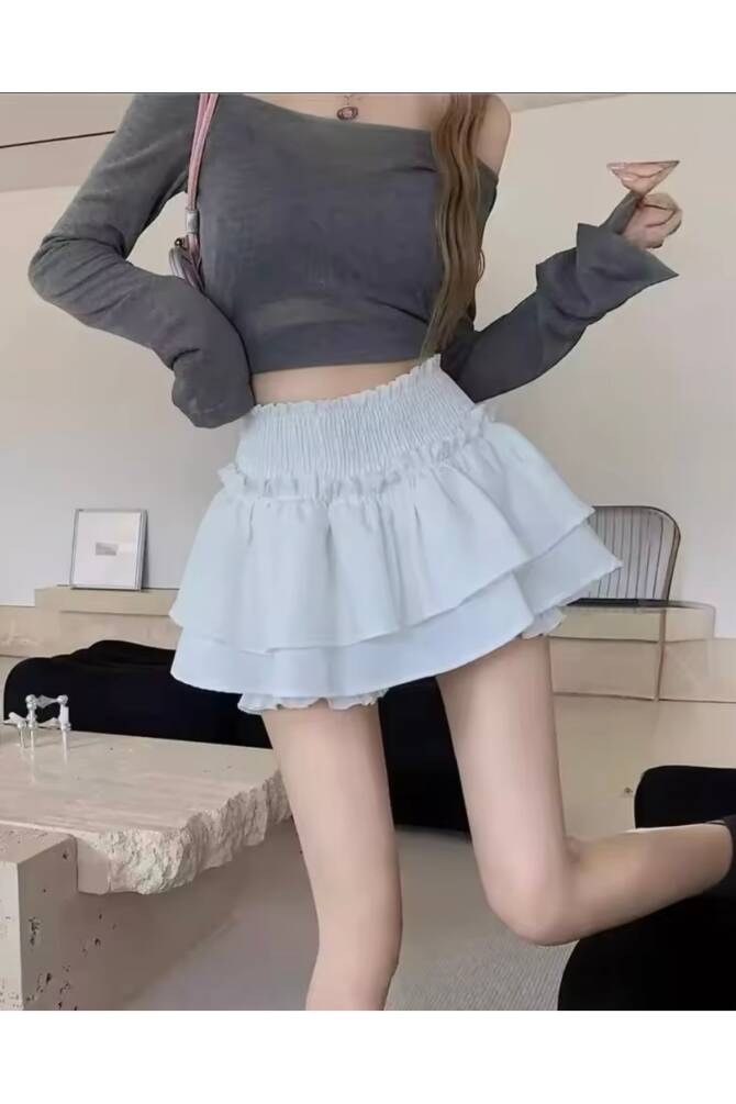 Lolita Harajuku Beyaz Fırfırlı Katlı Şortlu Etek - 45