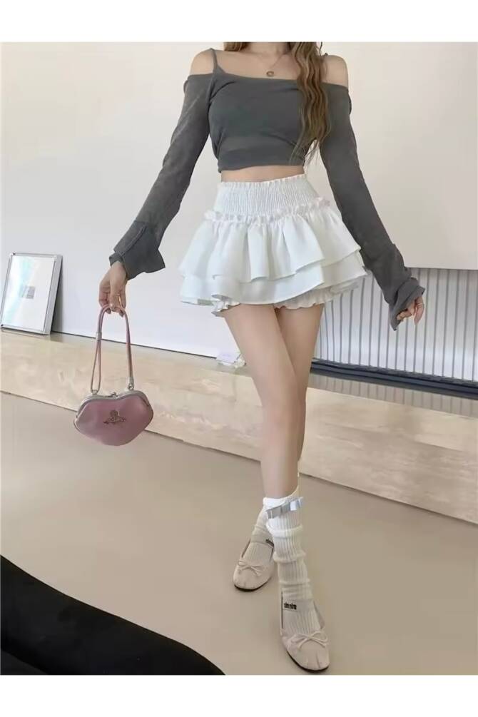 Lolita Harajuku Beyaz Fırfırlı Katlı Şortlu Etek - 44