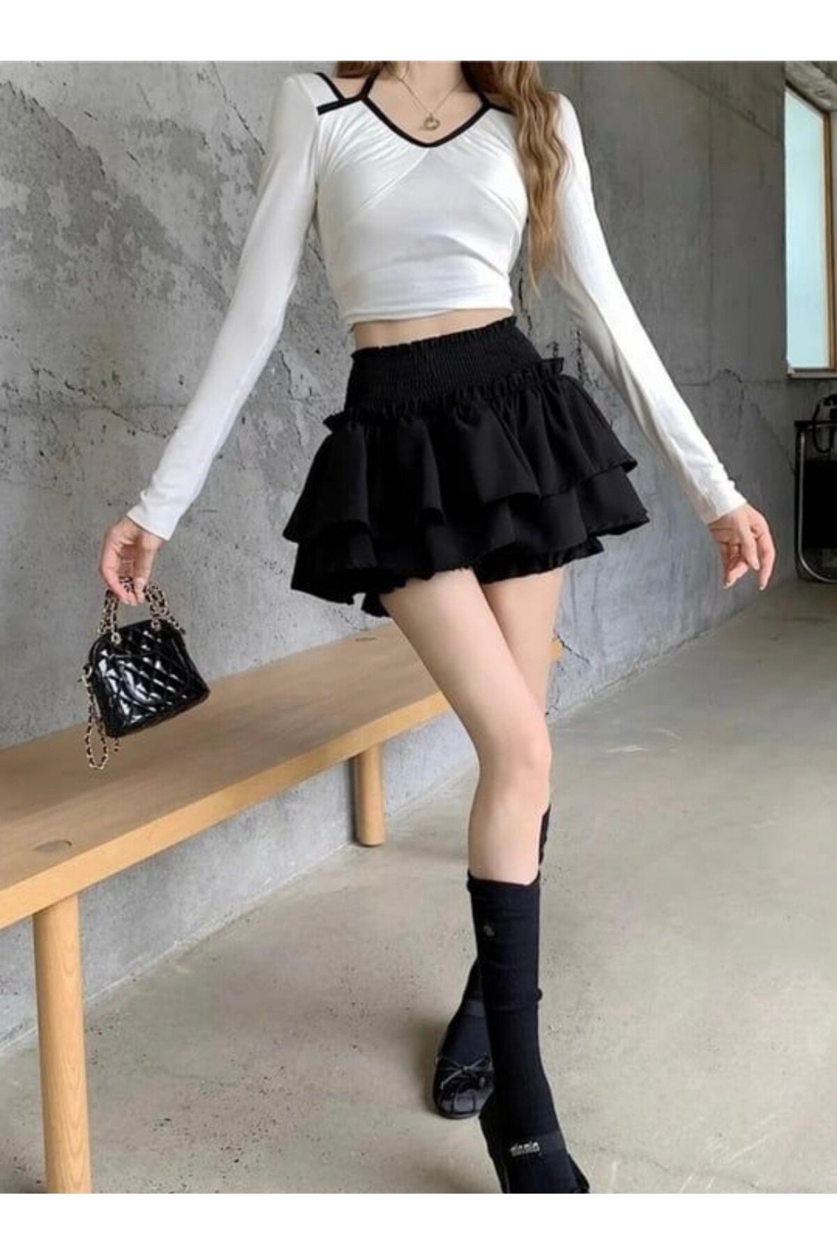 Lolita Harajuku Beyaz Fırfırlı Katlı Şortlu Etek - 42