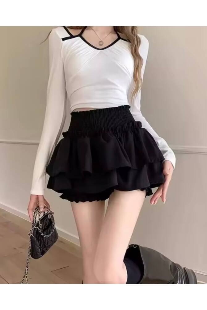 Lolita Harajuku Beyaz Fırfırlı Katlı Şortlu Etek - 34