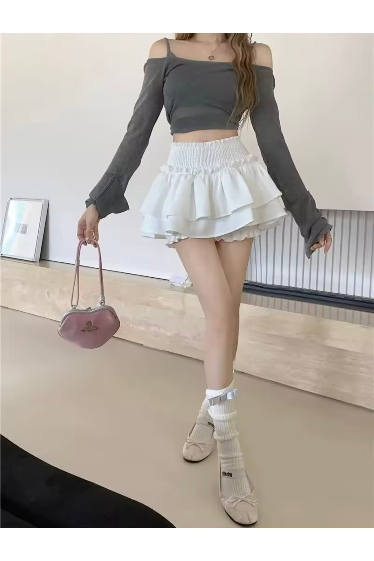 Lolita Harajuku Beyaz Fırfırlı Katlı Şortlu Etek - 26