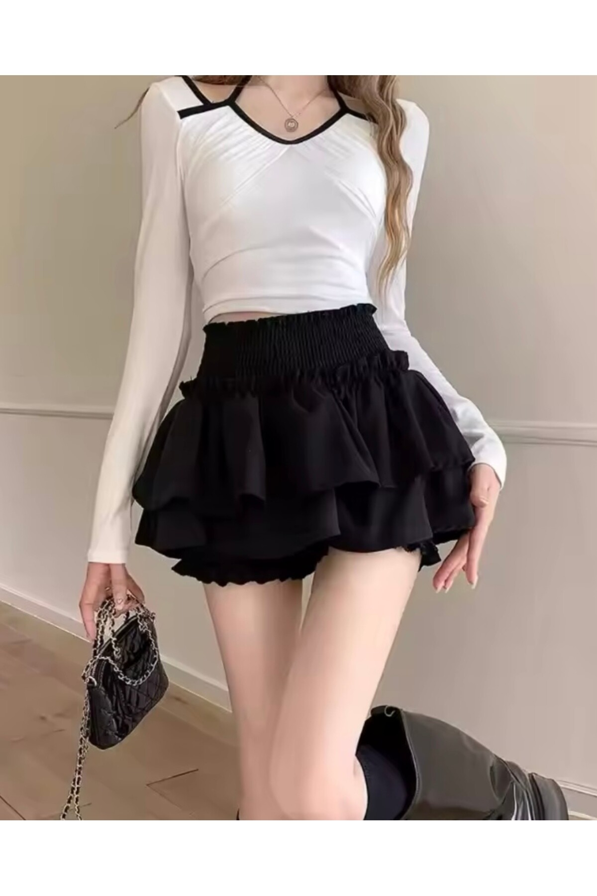 Lolita Harajuku Beyaz Fırfırlı Katlı Şortlu Etek - 16