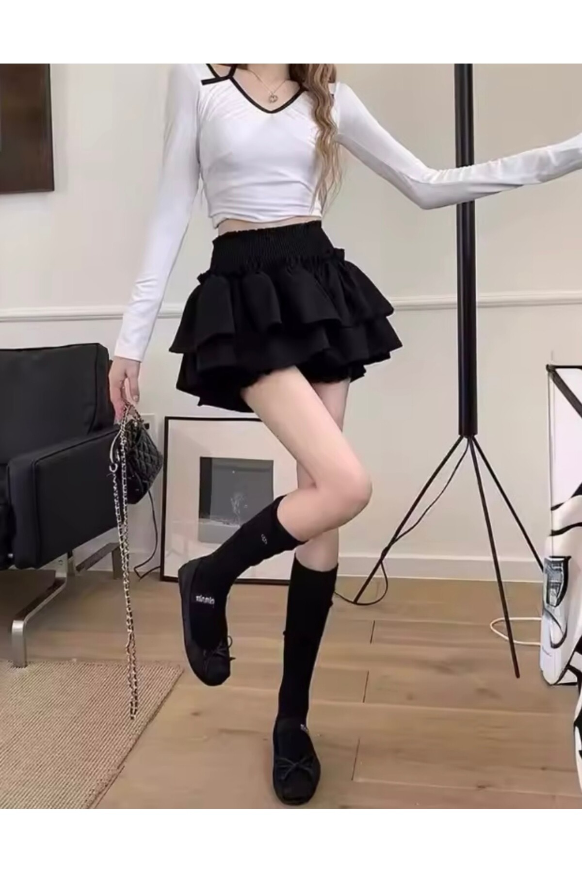 Lolita Harajuku Beyaz Fırfırlı Katlı Şortlu Etek - 14