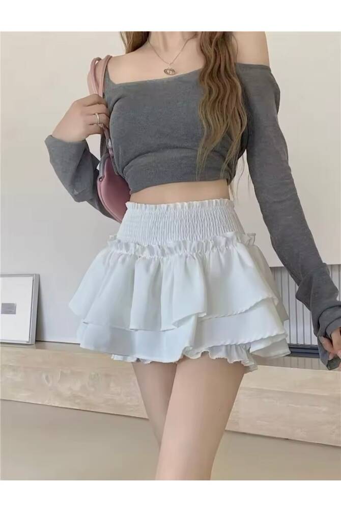 Lolita Harajuku Beyaz Fırfırlı Katlı Şortlu Etek - 11