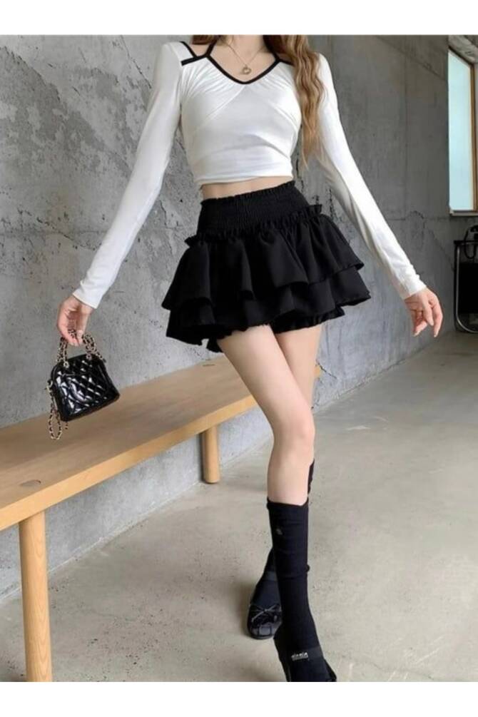 Lolita Harajuku Beyaz Fırfırlı Katlı Şortlu Etek - 6