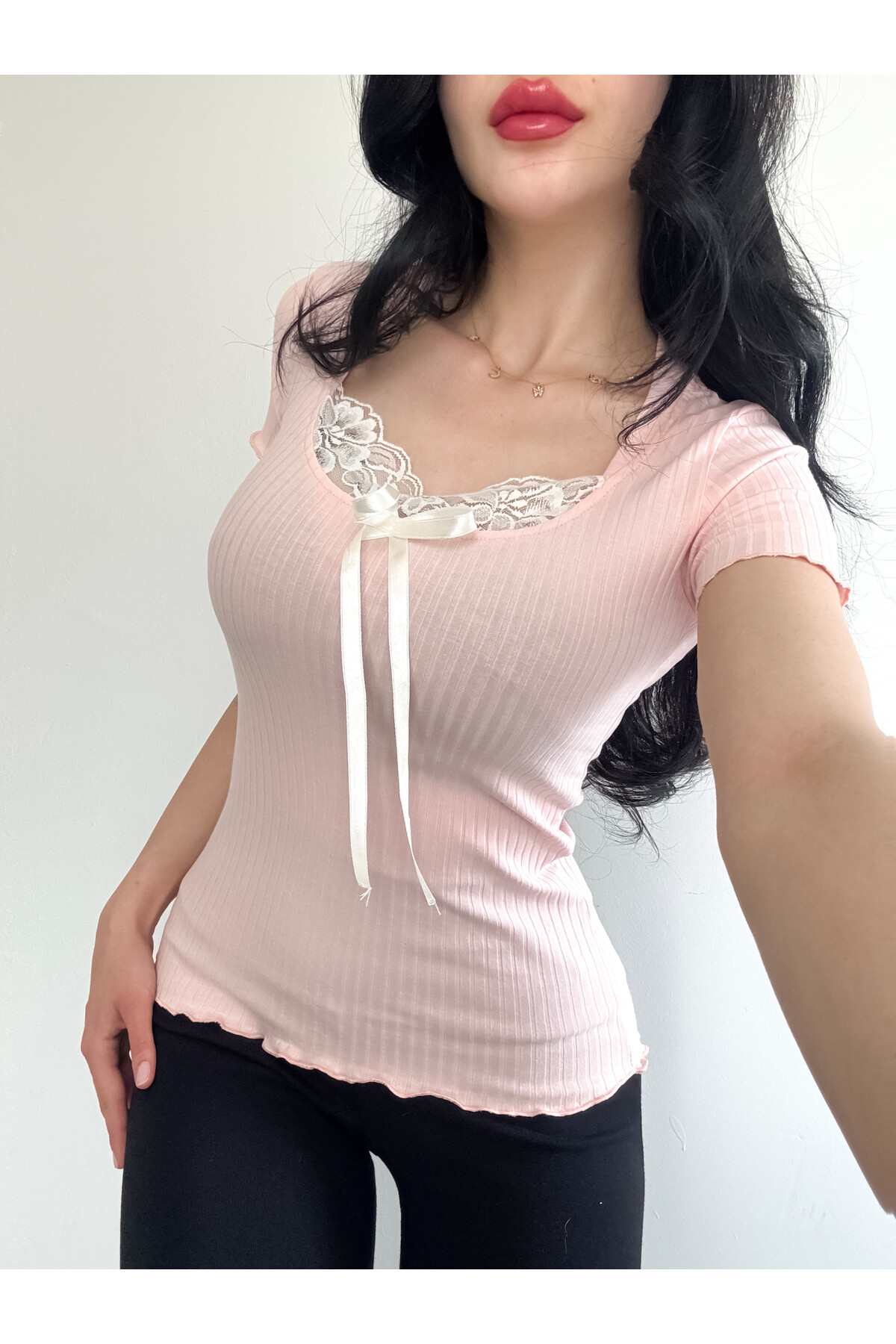 Lolita Harajuku Dantelli Fiyonklu Kısa Kollu Pembe Bluz - 5