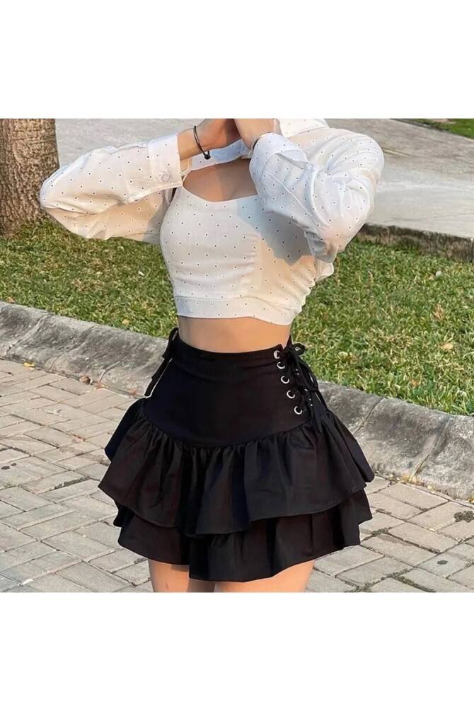 Lolita Harajuku Gotik Fırfırlı Bağcıklı Siyah Etek - 1