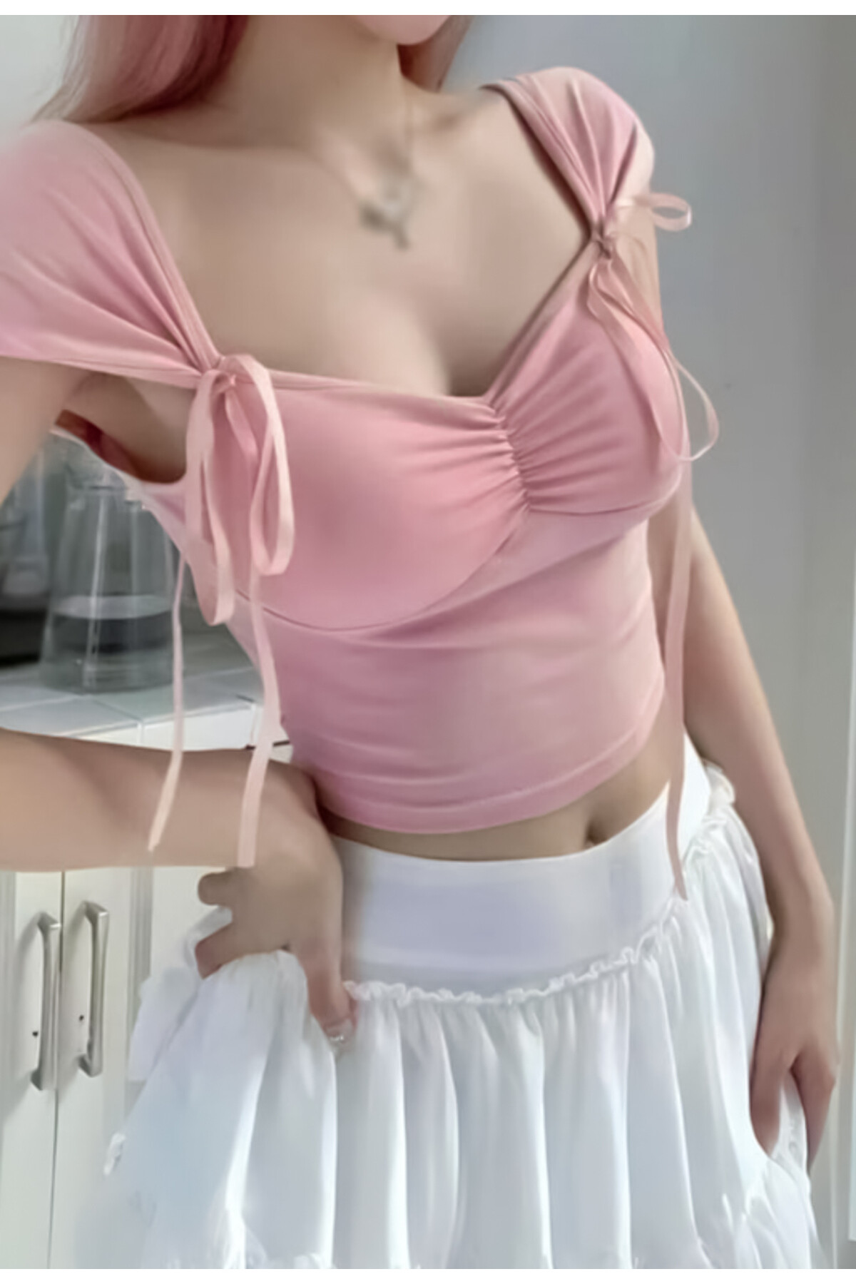 Lolita Harajuku Pembe Kurdeleli Kısa Kollu Crop Bluz (Destekli) - 7