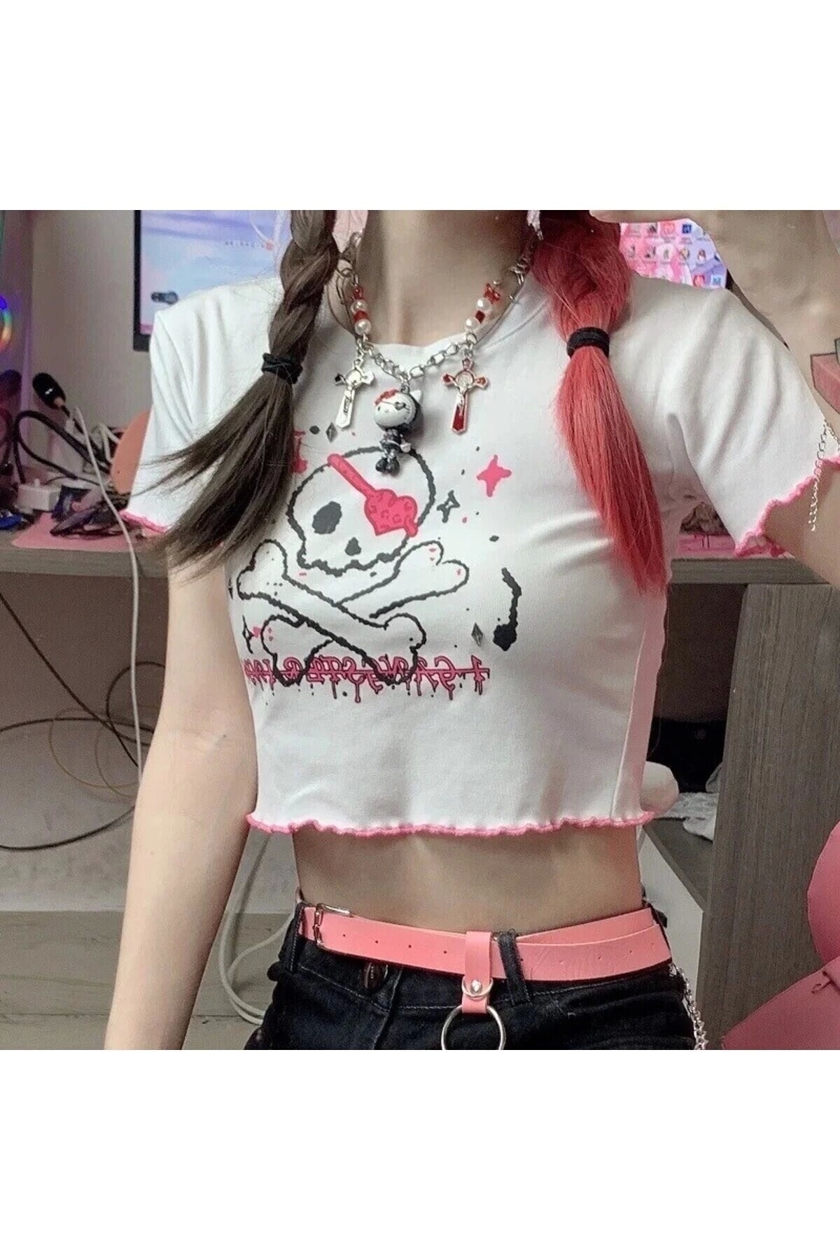 Lolita Harajuku Skull Kuru Kafalı Pembe Kısa Kollu T-Shirt - DarkellaStore
