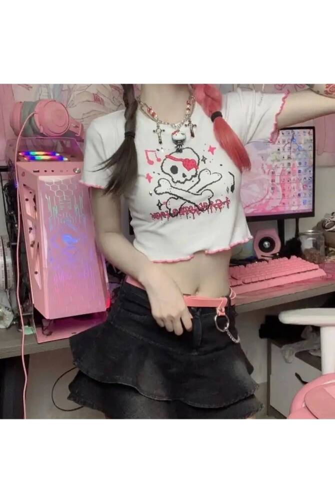 Lolita Harajuku Skull Kuru Kafalı Pembe Kısa Kollu T-Shirt - 3