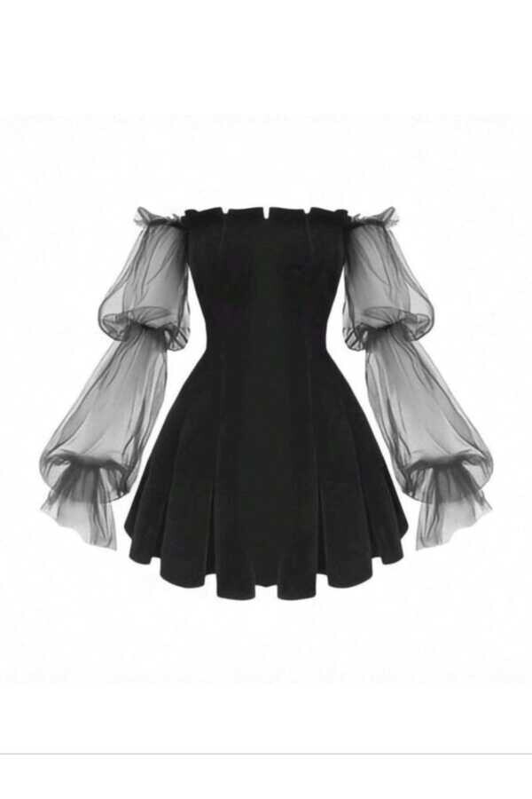 Lolita Harajuku Victorian Kolları Tül Siyah Volanlı Elbise - 6