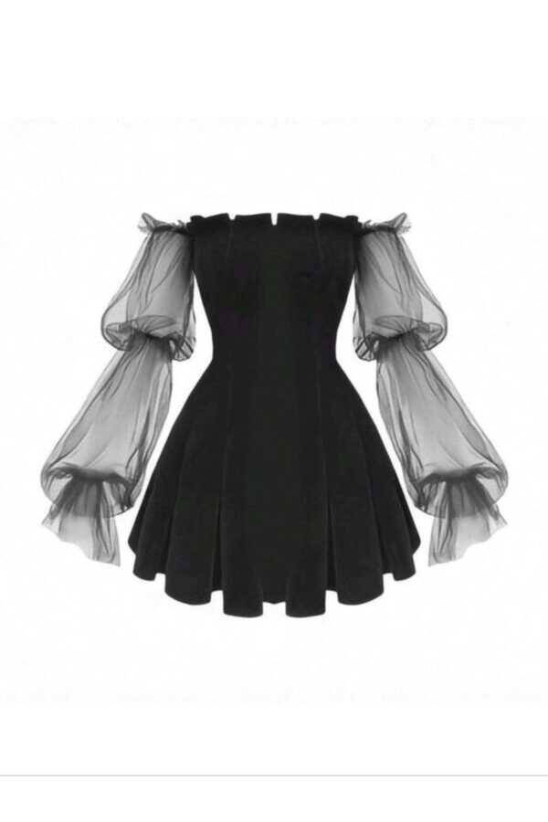 Lolita Harajuku Victorian Kolları Tül Siyah Volanlı Elbise - 6