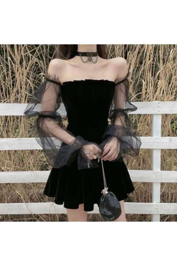 Lolita Harajuku Victorian Kolları Tül Siyah Volanlı Elbise - 7