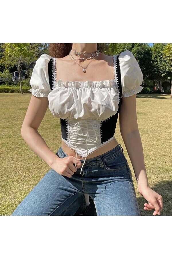 Lolita Harajuku Victorian Medieval Style Korseli Bağcıklı Siyah Bluz - 1