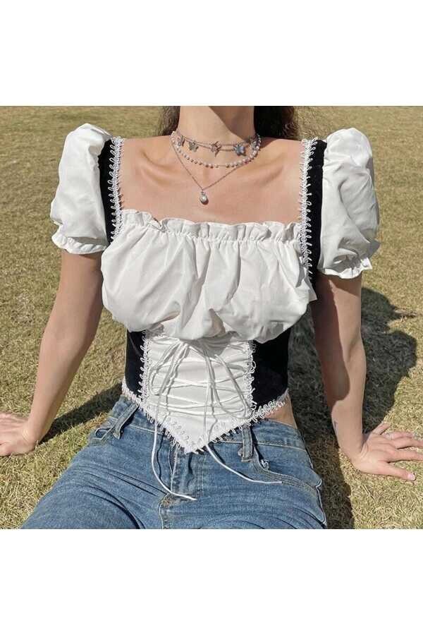 Lolita Harajuku Victorian Medieval Style Korseli Bağcıklı Siyah Bluz - 2