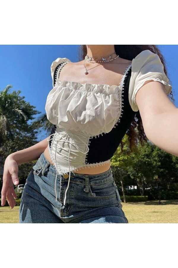 Lolita Harajuku Victorian Medieval Style Korseli Bağcıklı Siyah Bluz - 3