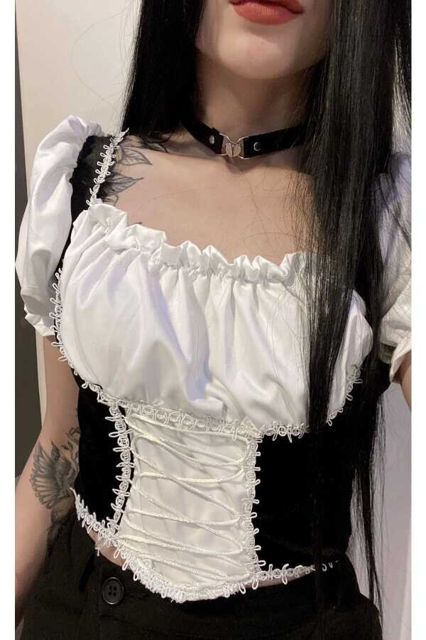 Lolita Harajuku Victorian Medieval Style Korseli Bağcıklı Siyah Bluz - 4